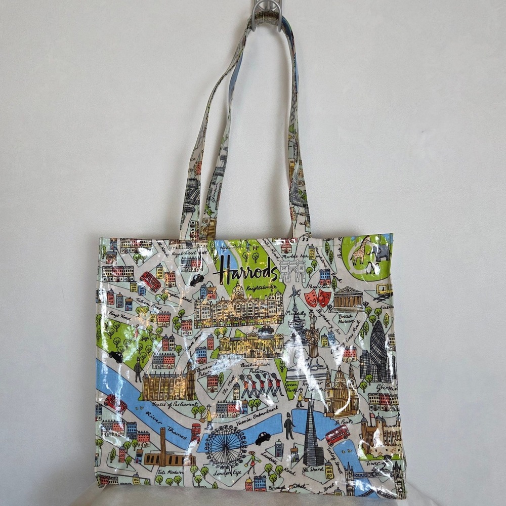 Harrods London Map Reusable Shopping Tote Bag Zip Top PVC Souvenir Multicolored